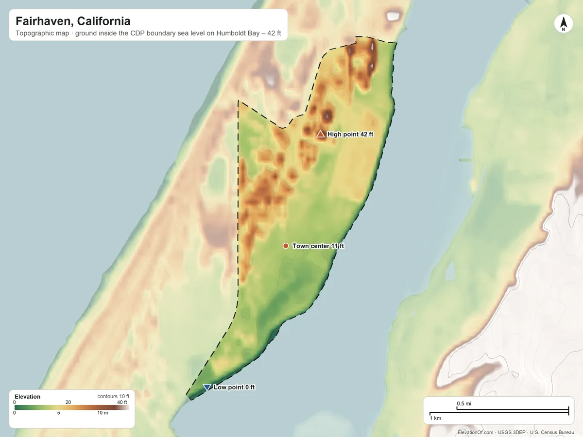 Topographic elevation map of Fairhaven, California, shaded from sea level level on Humboldt Bay to 42 ft on the north side