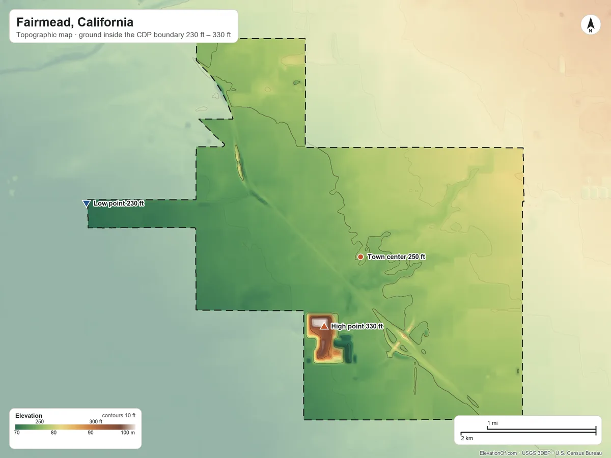 Topographic elevation map of Fairmead, California, shaded from 230 ft on the west side to 330 ft on the southwest side