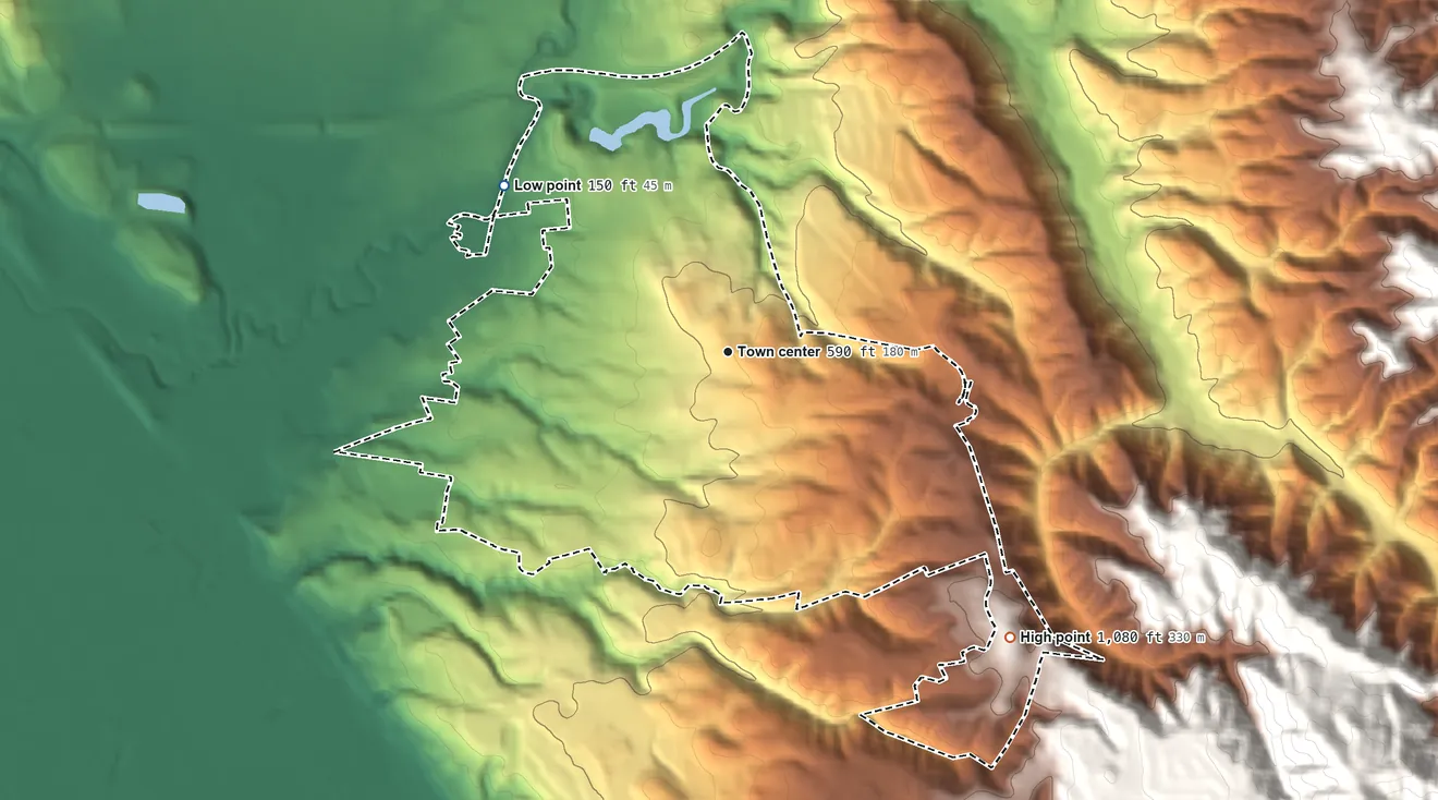 Topographic elevation map of Fairview, California, shaded from 150 ft on the northwest side to 1,080 ft at the foot of the Coyote Hills