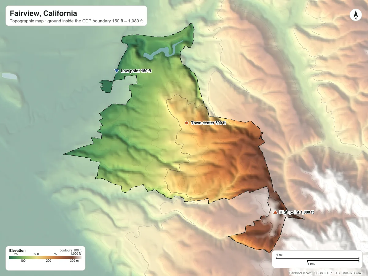 Topographic elevation map of Fairview, California, shaded from 150 ft on the northwest side to 1,080 ft at the foot of the Coyote Hills