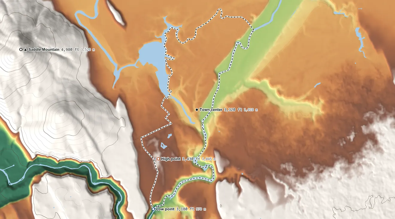 Topographic elevation map of Fall River Mills, California, shaded from 3,180 ft on the southwest side to 3,430 ft at the foot of the Big Valley Mountains