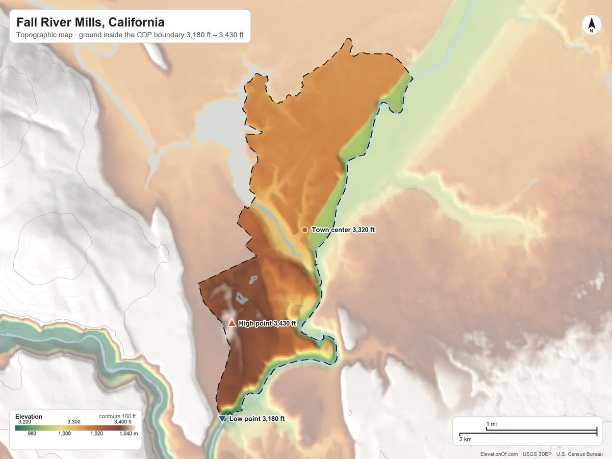 Topographic elevation map of Fall River Mills, California, shaded from 3,180 ft on the southwest side to 3,430 ft at the foot of the Big Valley Mountains