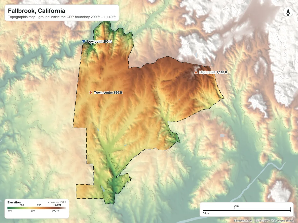 Topographic elevation map of Fallbrook, California, shaded from 290 ft on the north side to 1,140 ft at the foot of the Oat Hills