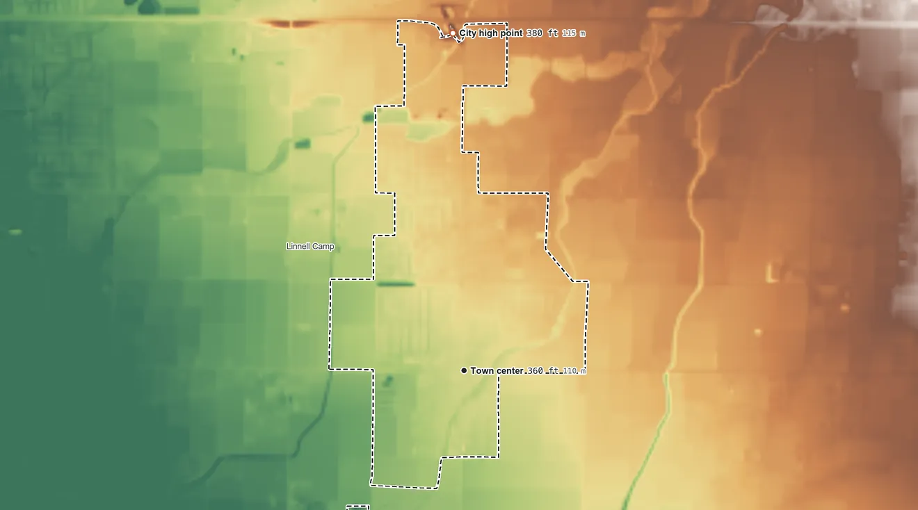 Topographic elevation map of Farmersville, California, shaded from 340 ft on the south side to 380 ft on the north side