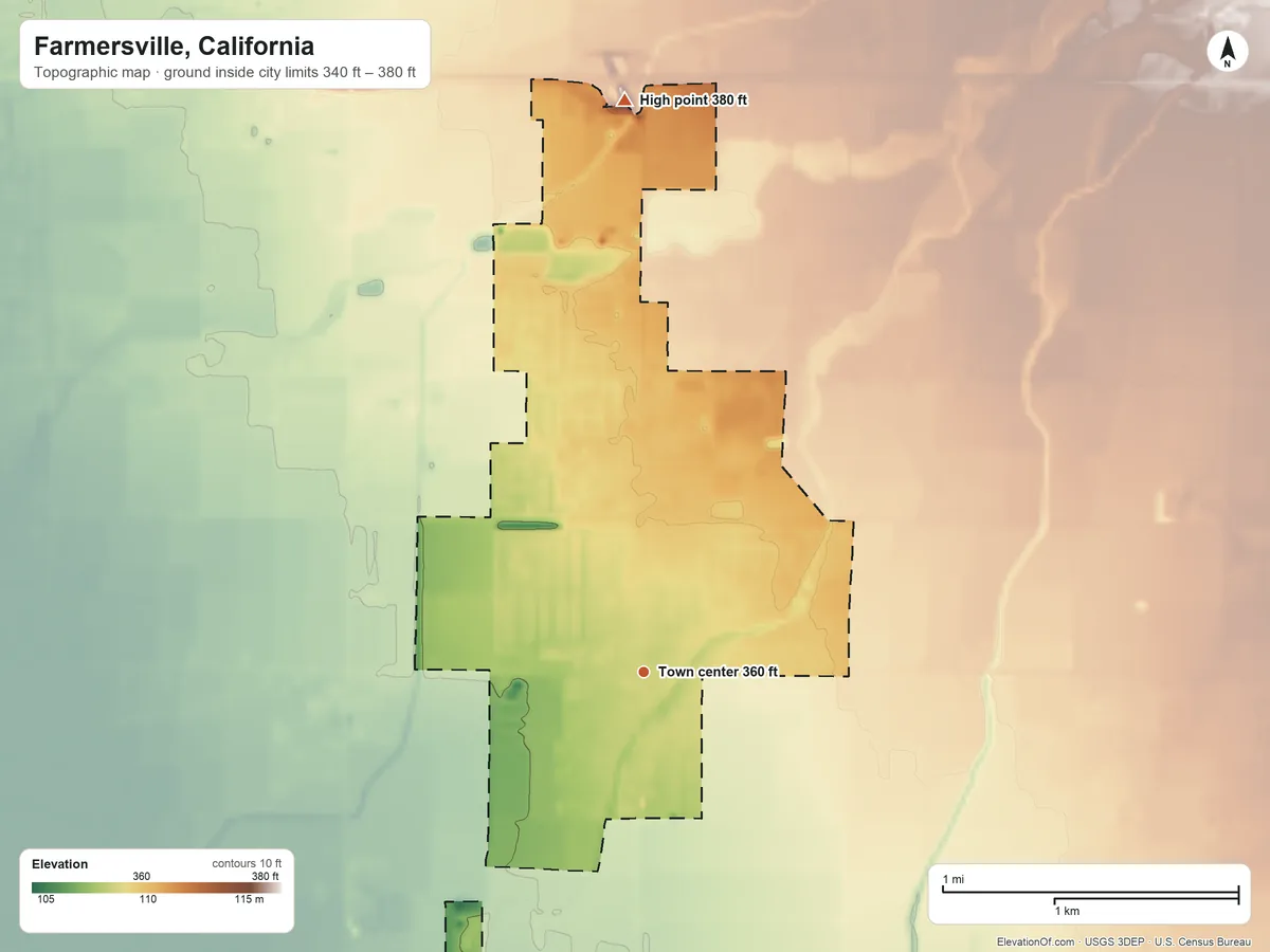 Topographic elevation map of Farmersville, California, shaded from 340 ft on the south side to 380 ft on the north side