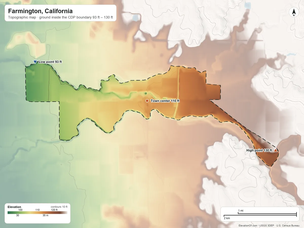 Topographic elevation map of Farmington, California, shaded from 93 ft on the west side to 130 ft on the east side