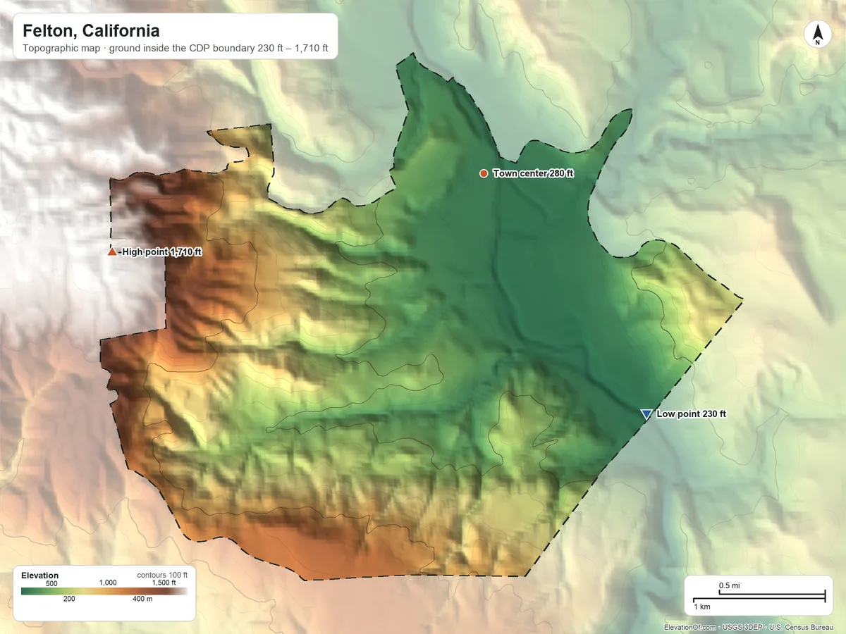 Topographic elevation map of Felton, California, shaded from 230 ft on the southeast side to 1,710 ft on the west side