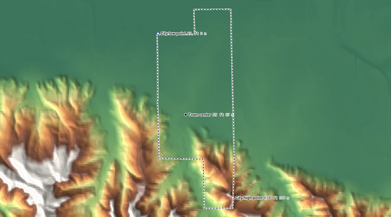 Topographic elevation map of Ferndale, California, shaded from 21 ft on the north side to 650 ft on the southeast edge, below higher ground just outside
