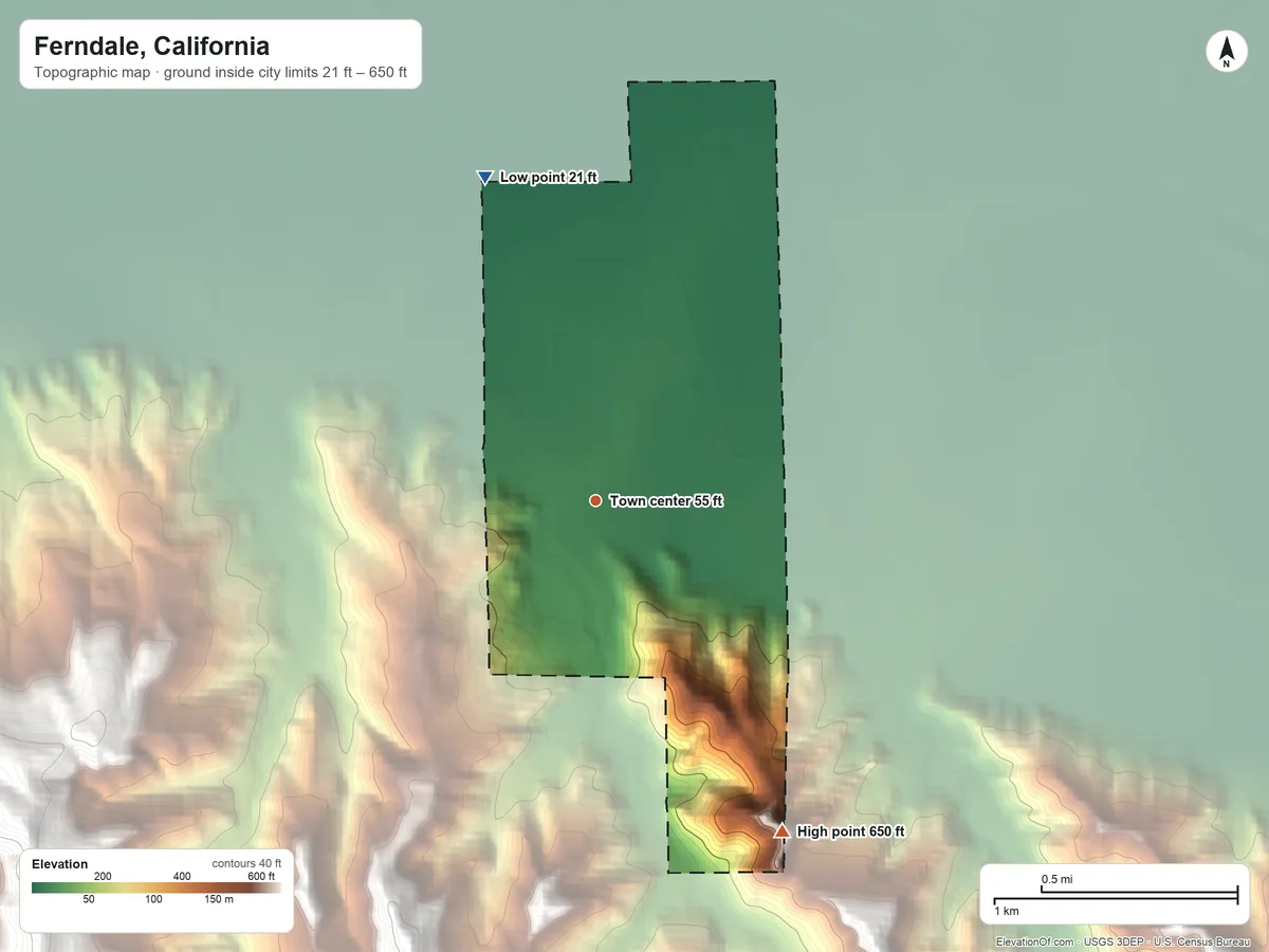 Topographic elevation map of Ferndale, California, shaded from 21 ft on the north side to 650 ft on the southeast edge, below higher ground just outside
