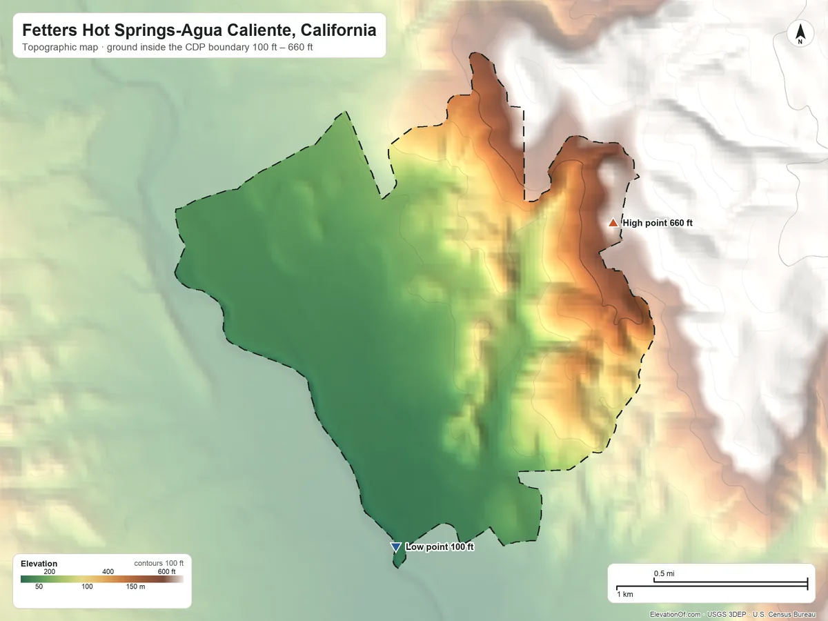 Topographic elevation map of Fetters Hot Springs-Agua Caliente, California, shaded from 100 ft on the south side to 660 ft at the foot of the Sonoma Mountains