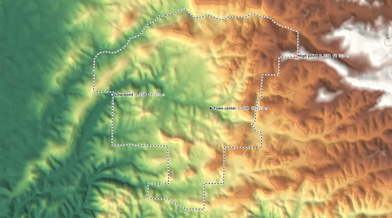Topographic elevation map of Fiddletown, California, shaded from 1,550 ft on the west side to 2,330 ft on the northeast side