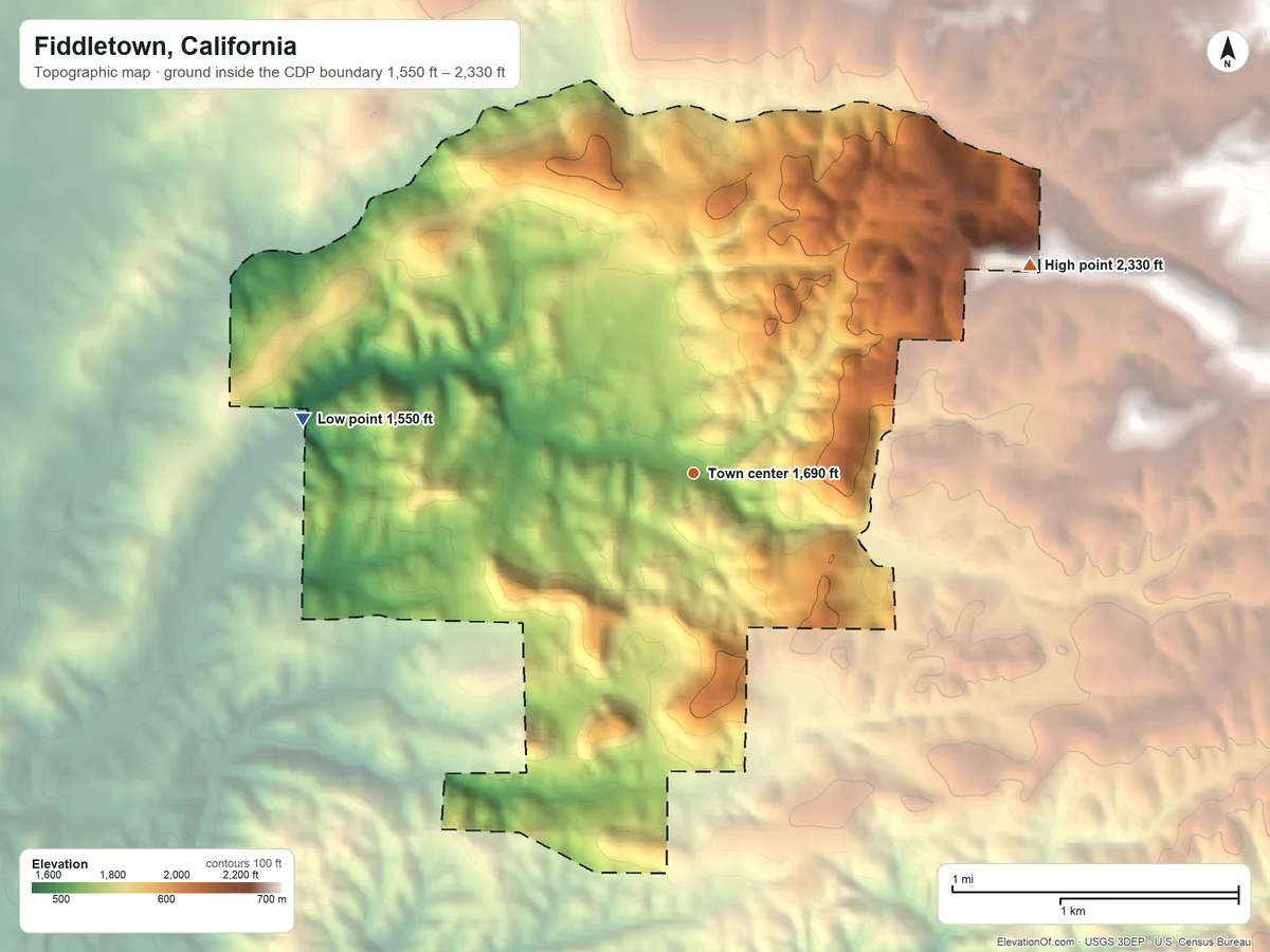 Topographic elevation map of Fiddletown, California, shaded from 1,550 ft on the west side to 2,330 ft on the northeast side