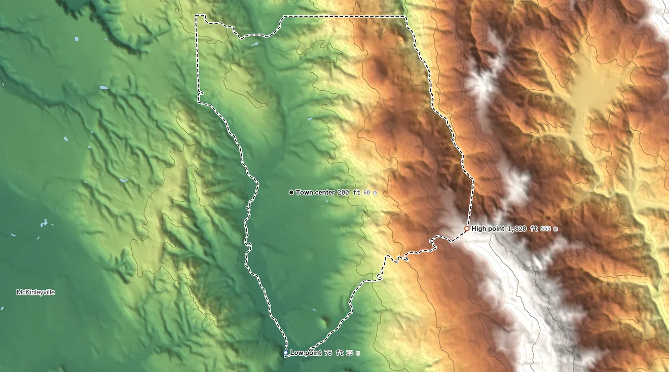 Topographic elevation map of Fieldbrook, California, shaded from 76 ft on the south side to 1,820 ft at the foot of the Bald Hills