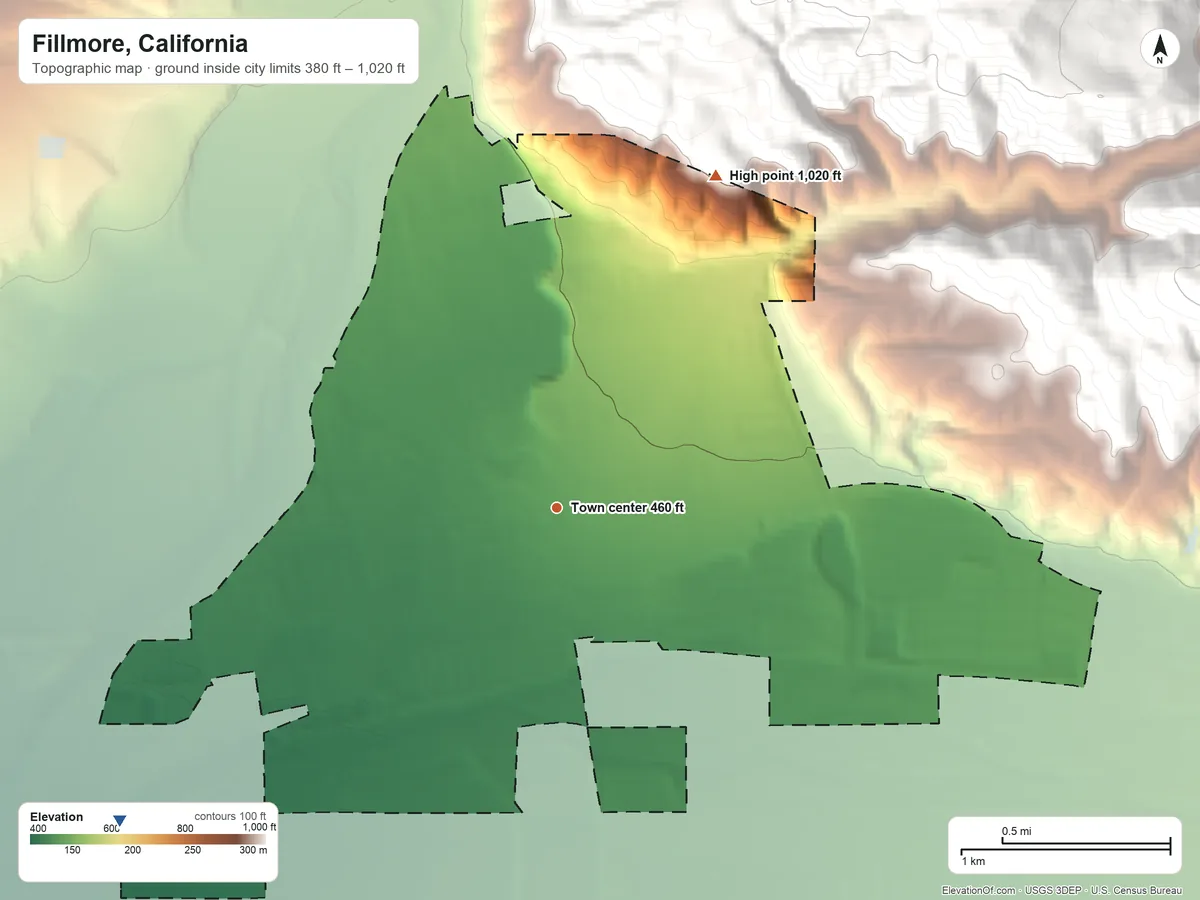 Topographic elevation map of Fillmore, California, shaded from 380 ft on the southwest side to 1,020 ft at the foot of the Topatopa Mountains
