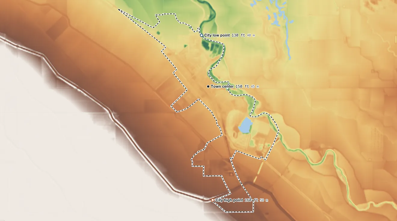 Topographic elevation map of Firebaugh, California, shaded from 130 ft on the north side to 160 ft on the south side
