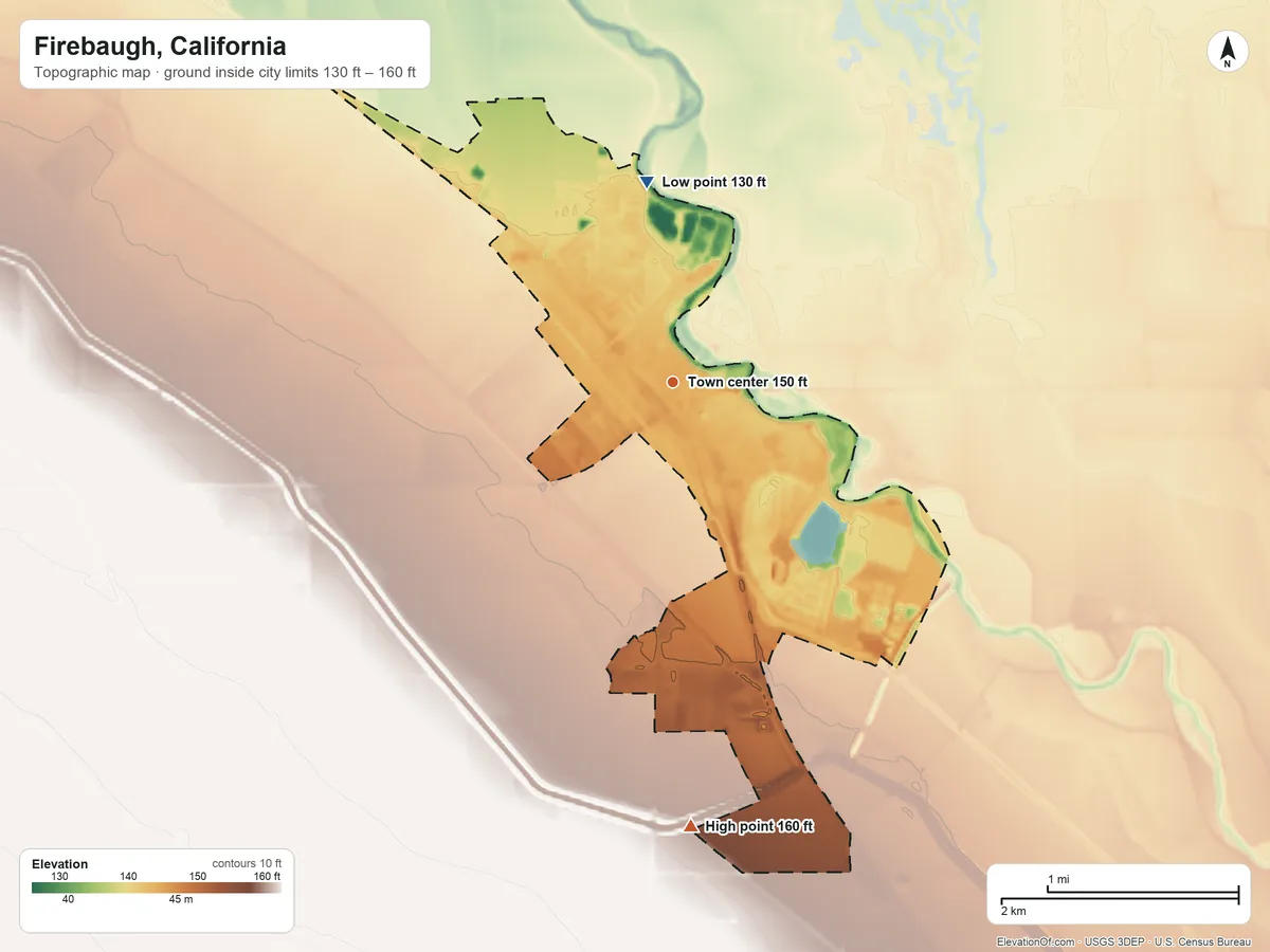 Topographic elevation map of Firebaugh, California, shaded from 130 ft on the north side to 160 ft on the south side