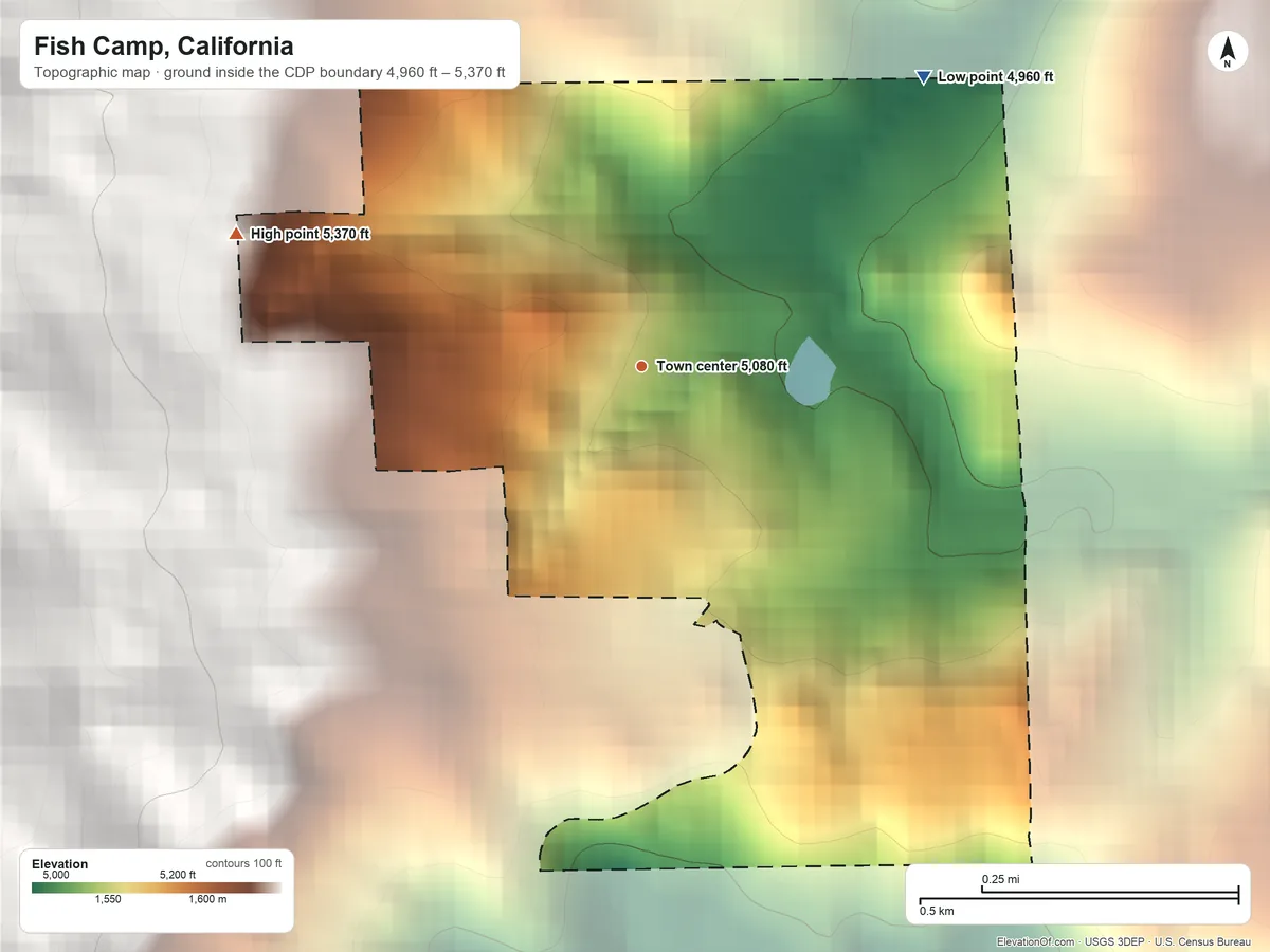 Topographic elevation map of Fish Camp, California, shaded from 4,960 ft on the northeast side to 5,370 ft at the foot of the Chowchilla Mountains