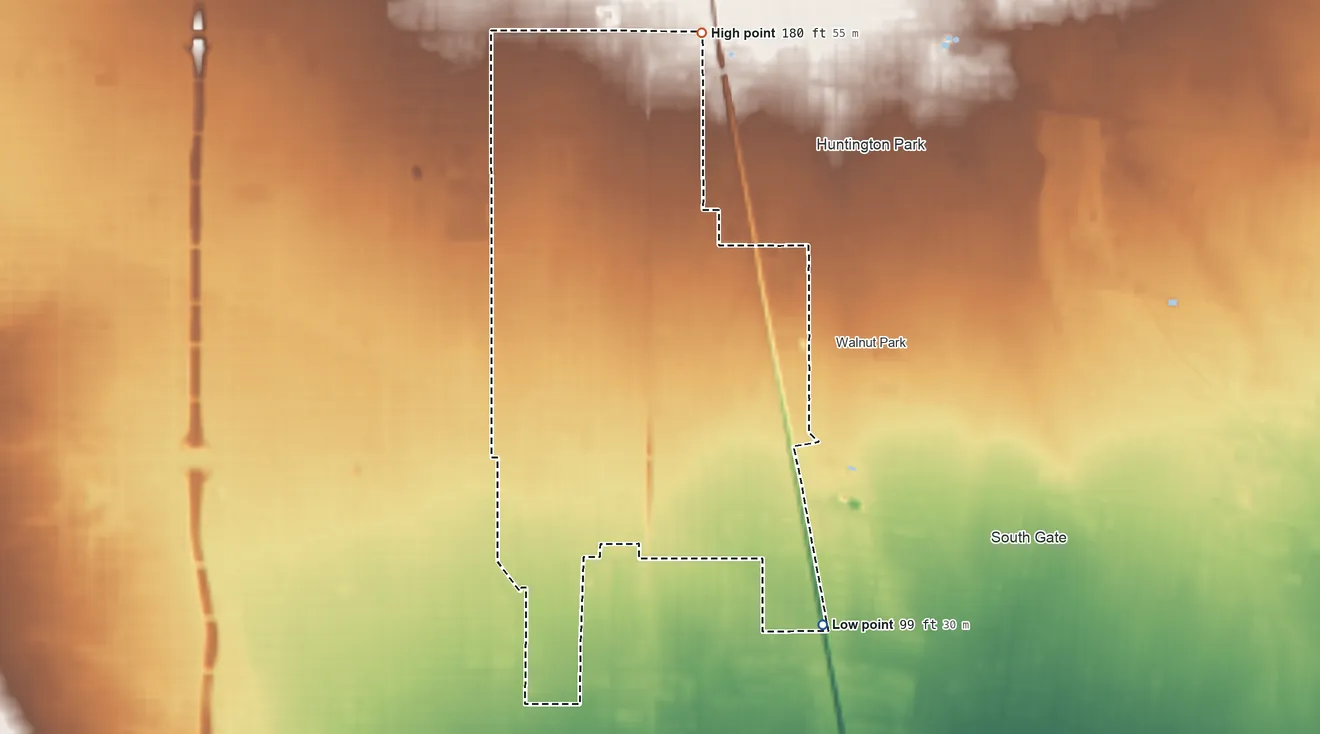 Topographic elevation map of Florence-Graham, California, shaded from 99 ft on the southeast side to 180 ft on the north side