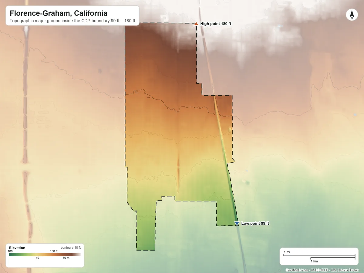 Topographic elevation map of Florence-Graham, California, shaded from 99 ft on the southeast side to 180 ft on the north side