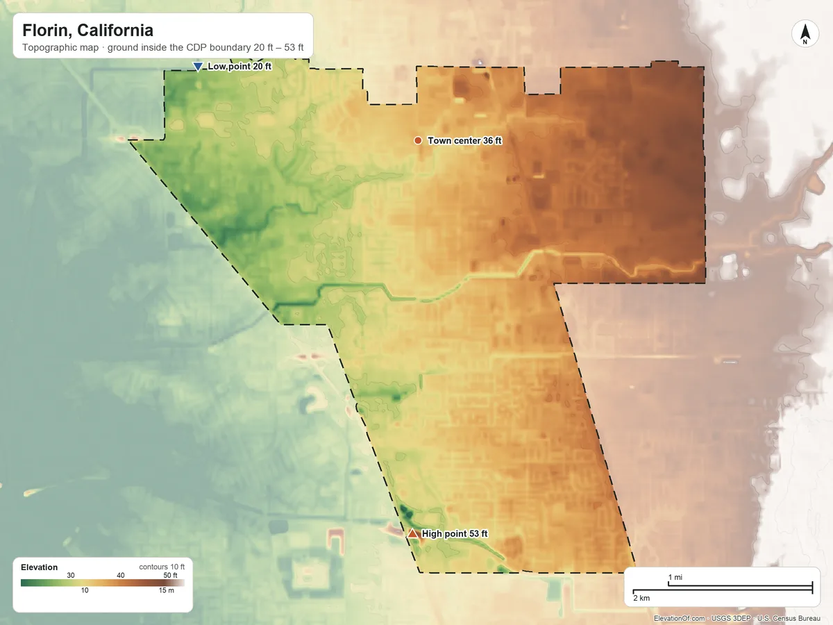 Topographic elevation map of Florin, California, shaded from 20 ft on the west side to 53 ft on the south side
