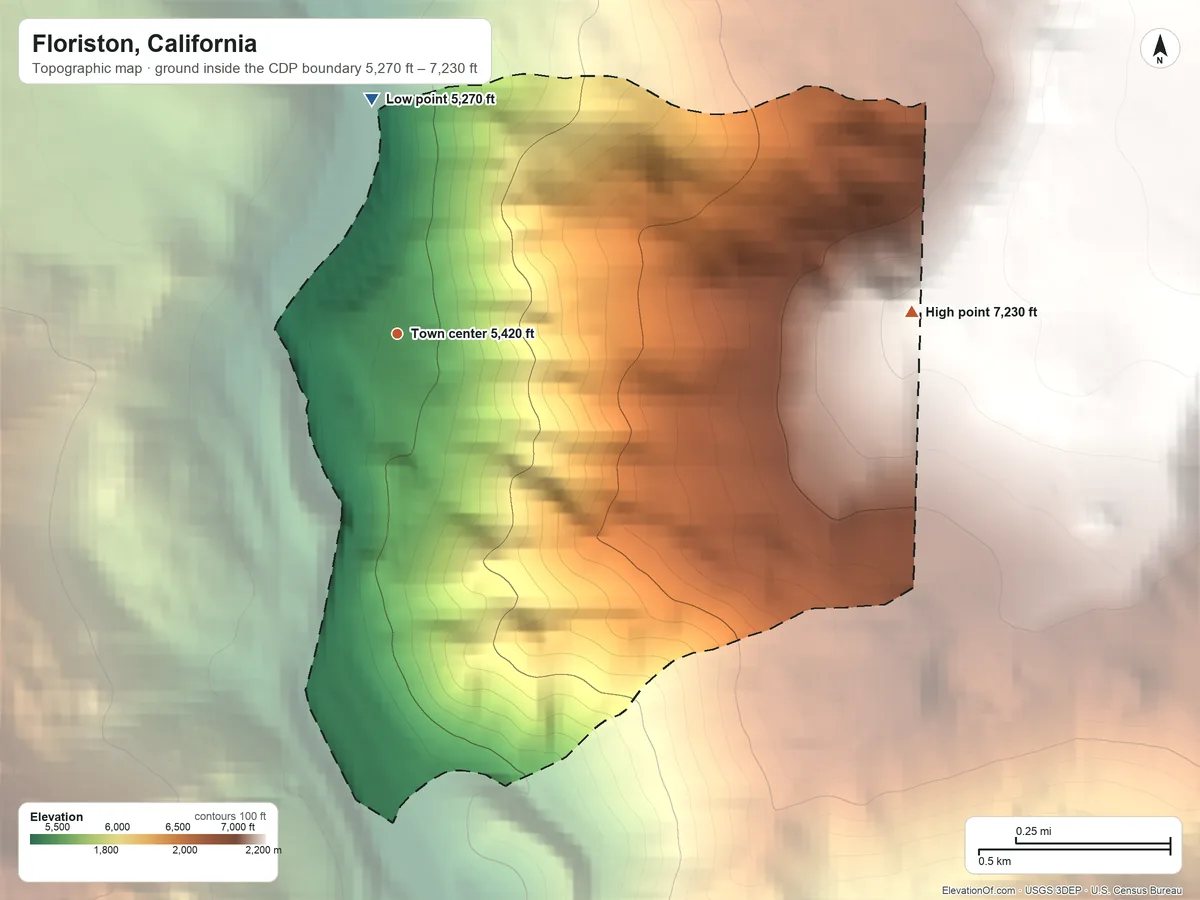 Topographic elevation map of Floriston, California, shaded from 5,270 ft on the north side to 7,230 ft at the foot of the Verdi Range