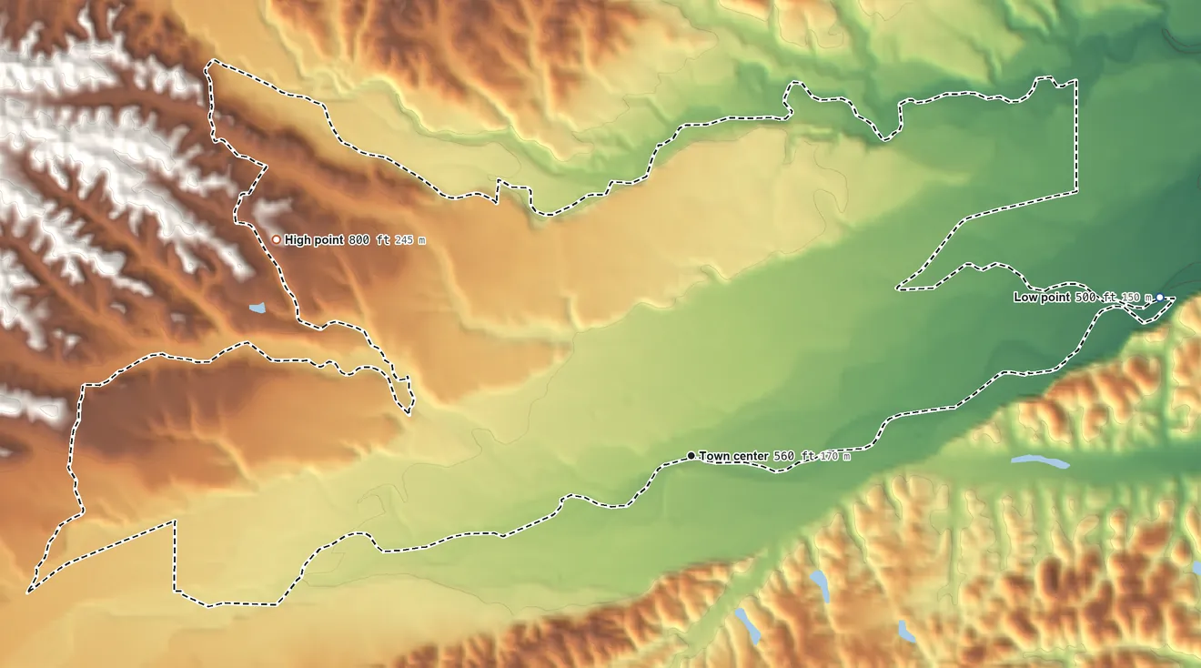 Topographic elevation map of Flournoy, California, shaded from 500 ft on the east side to 800 ft on the northwest side