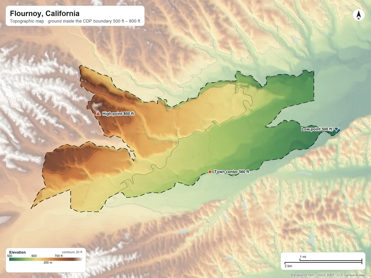 Topographic elevation map of Flournoy, California, shaded from 500 ft on the east side to 800 ft on the northwest side