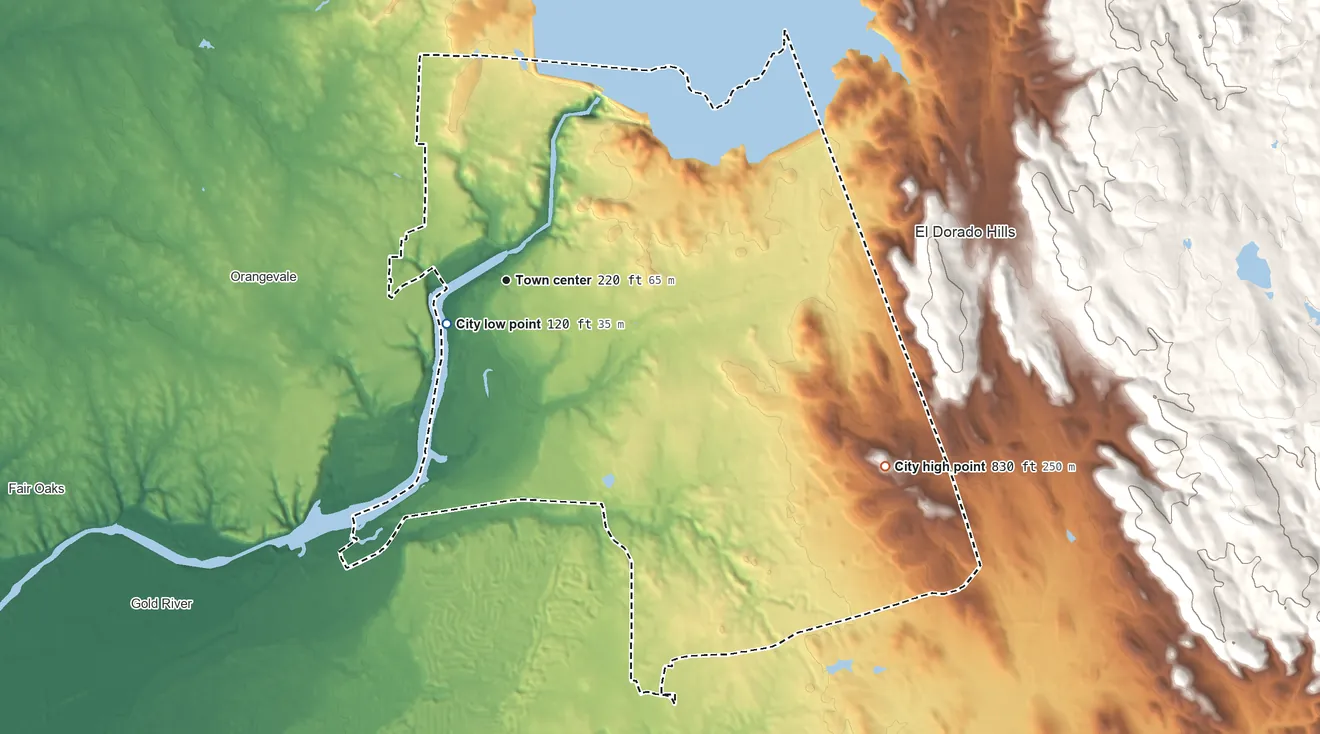 Topographic elevation map of Folsom, California, shaded from 120 ft near the middle to 830 ft on the southeast edge, below higher ground just outside