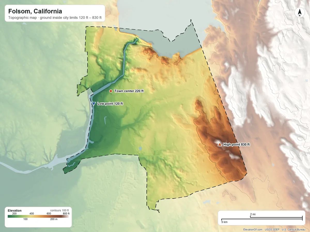 Topographic elevation map of Folsom, California, shaded from 120 ft near the middle to 830 ft on the southeast edge, below higher ground just outside