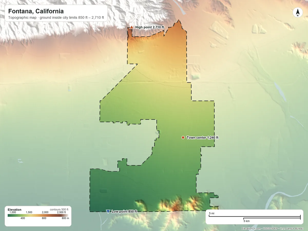 Topographic elevation map of Fontana, California, shaded from 850 ft on the southwest side to 2,710 ft at the foot of the Shandin Hills
