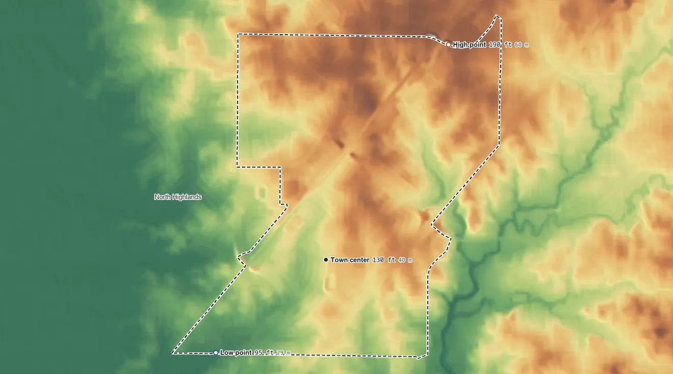 Topographic elevation map of Foothill Farms, California, shaded from 95 ft on the southwest side to 190 ft on the northeast side