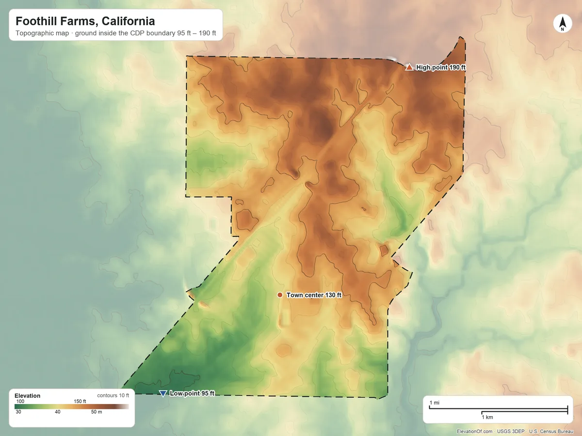 Topographic elevation map of Foothill Farms, California, shaded from 95 ft on the southwest side to 190 ft on the northeast side