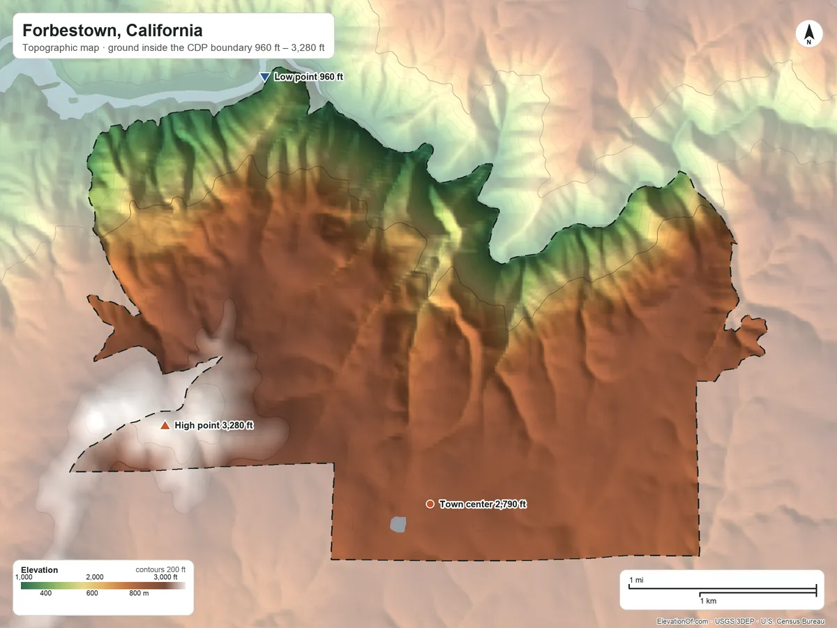 Topographic elevation map of Forbestown, California, shaded from 960 ft on the north side to 3,280 ft on the west side