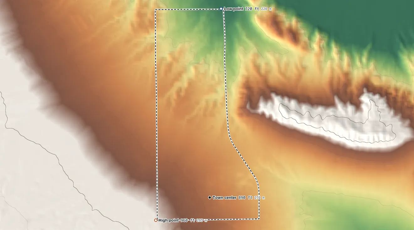 Topographic elevation map of Ford City, California, shaded from 720 ft on the north side to 960 ft at the foot of the Buena Vista Hills
