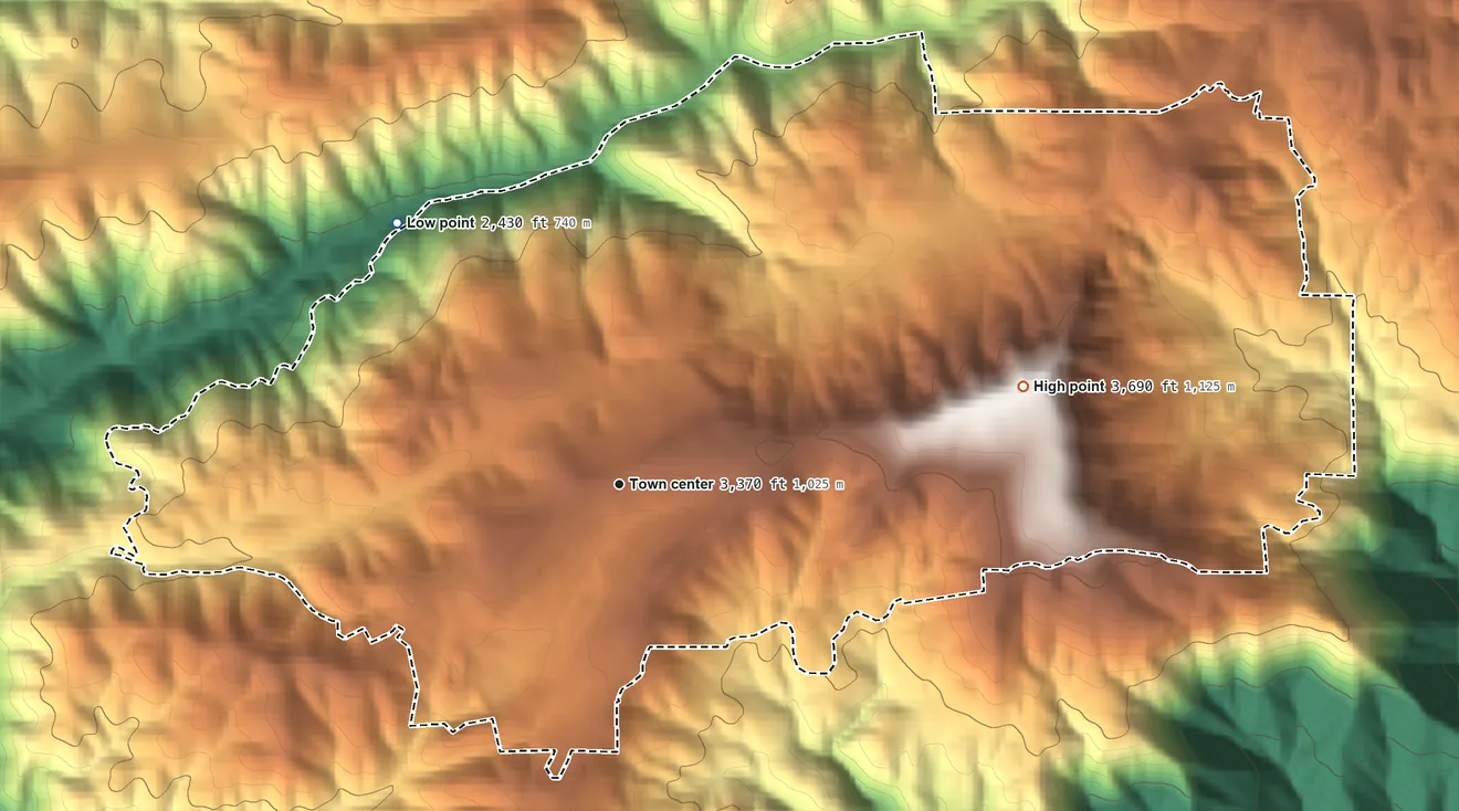 Topographic elevation map of Forest Meadows, California, shaded from 2,430 ft on the northwest side to 3,692 ft on Darby Knob