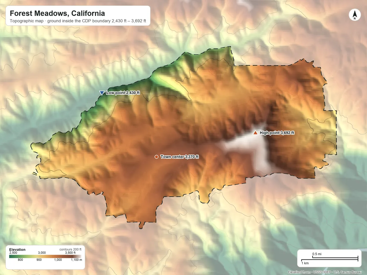 Topographic elevation map of Forest Meadows, California, shaded from 2,430 ft on the northwest side to 3,692 ft on Darby Knob
