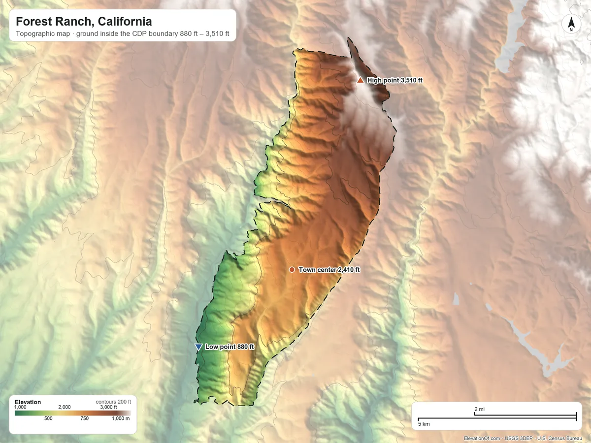 Topographic elevation map of Forest Ranch, California, shaded from 880 ft on the southwest side to 3,510 ft on Platte Mountain