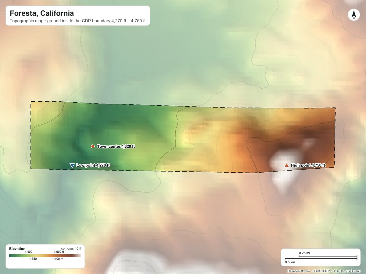 Topographic elevation map of Foresta, California, shaded from 4,270 ft near the middle to 4,750 ft at the foot of the Chowchilla Mountains
