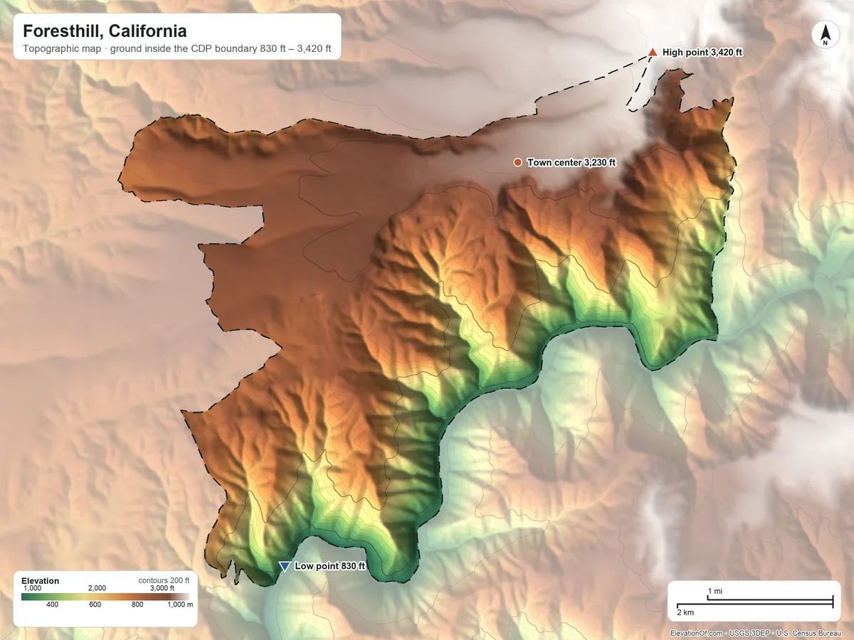 Topographic elevation map of Foresthill, California, shaded from 830 ft on the southwest side to 3,420 ft on the northeast side