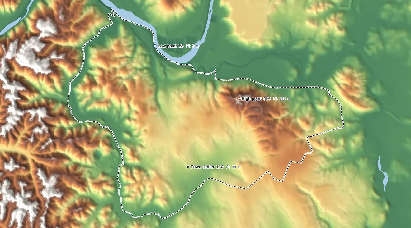 Topographic elevation map of Forestville, California, shaded from 28 ft on the north side to 520 ft on the northeast side