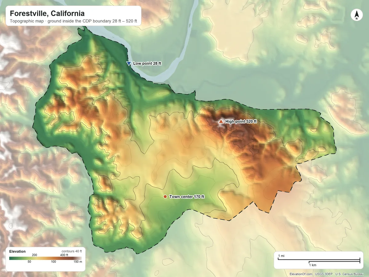 Topographic elevation map of Forestville, California, shaded from 28 ft on the north side to 520 ft on the northeast side