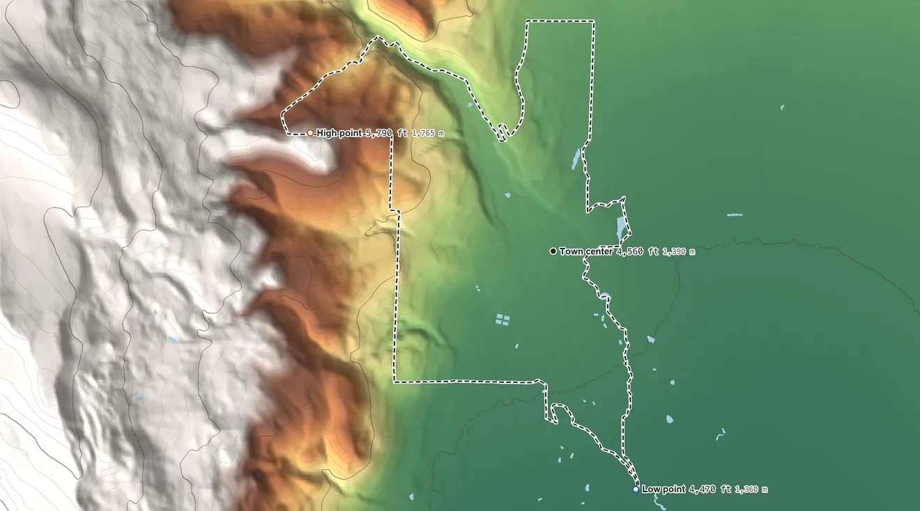 Topographic elevation map of Fort Bidwell, California, shaded from 4,470 ft on the south side to 5,790 ft at the foot of the Larkspur Hills