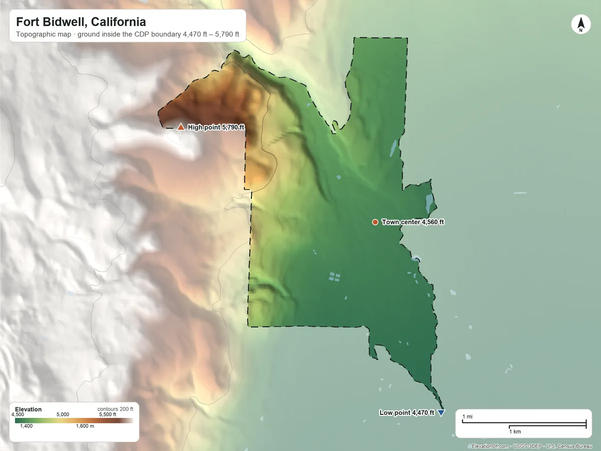 Topographic elevation map of Fort Bidwell, California, shaded from 4,470 ft on the south side to 5,790 ft at the foot of the Larkspur Hills