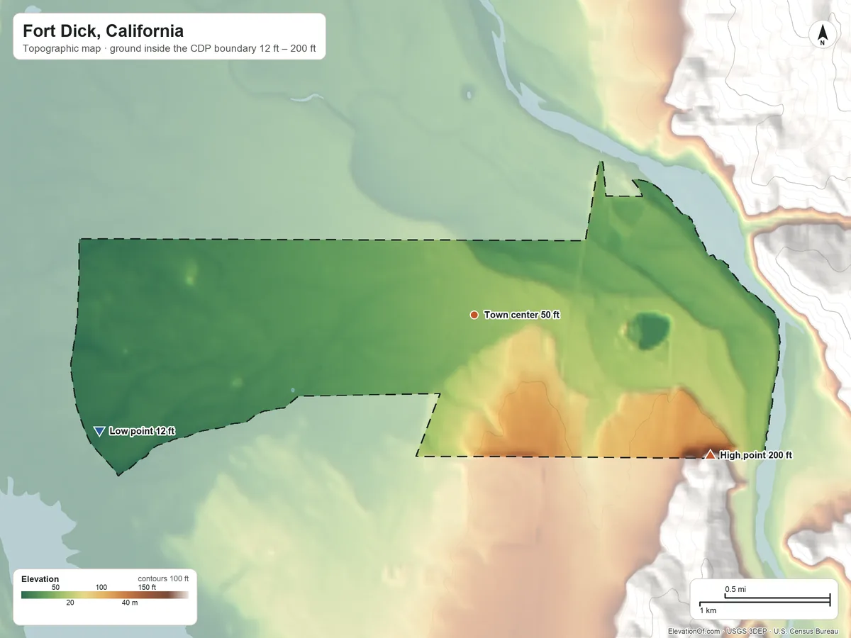 Topographic elevation map of Fort Dick, California, shaded from 12 ft on the west side to 200 ft on the southeast edge, below higher ground just outside