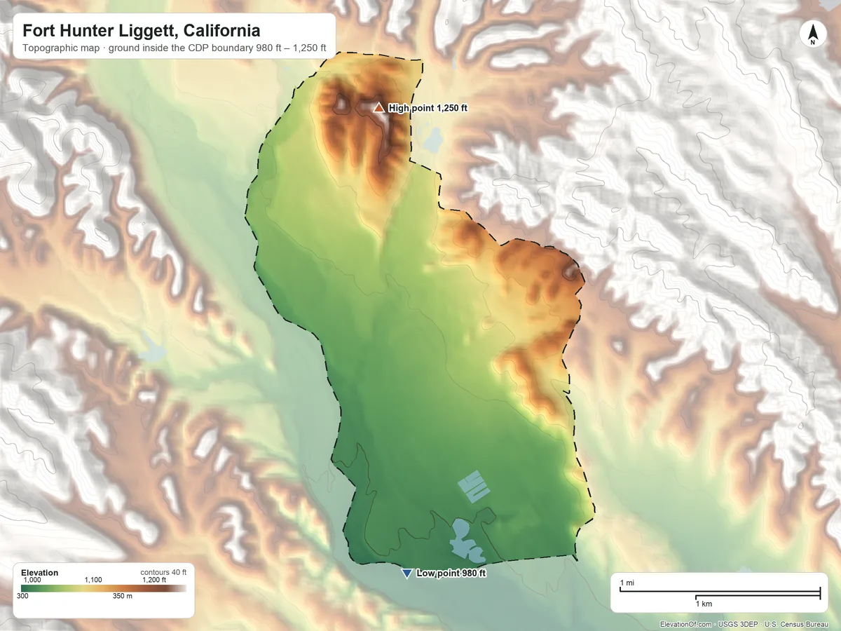 Topographic elevation map of Fort Hunter Liggett, California, shaded from 980 ft on the south side to 1,250 ft at the foot of the Santa Lucia Range