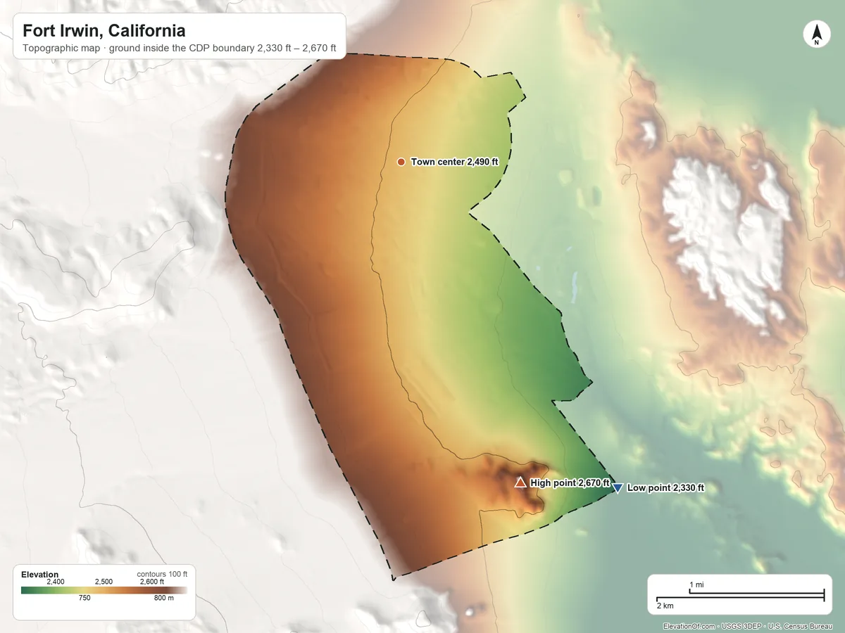 Topographic elevation map of Fort Irwin, California, shaded from 2,330 ft on the southeast side to 2,670 ft at the foot of the Tiefort Mountains
