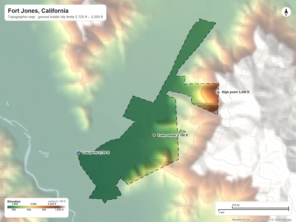 Topographic elevation map of Fort Jones, California, shaded from 2,720 ft on the west side to 3,350 ft at the foot of the Mineral Range