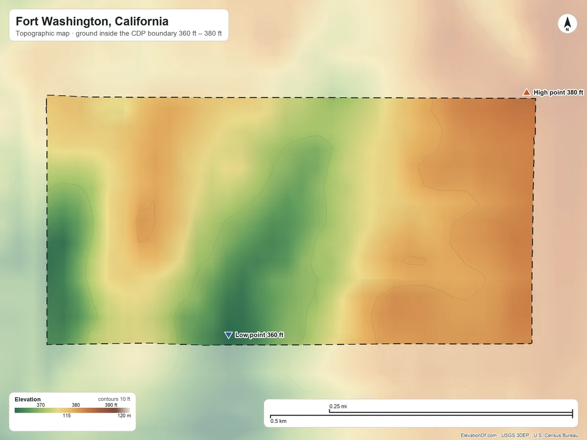 Topographic elevation map of Fort Washington, California, shaded from 360 ft on the south side to 380 ft on the east side