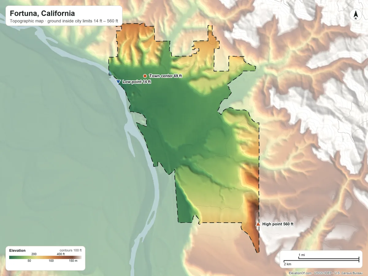Topographic elevation map of Fortuna, California, shaded from 14 ft near the middle to 560 ft on the southeast side