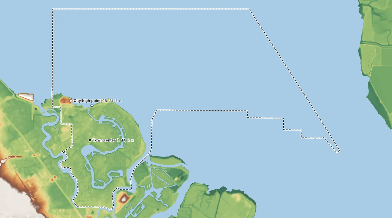 Topographic elevation map of Foster City, California, shaded from sea level level on San Francisco Bay to 26 ft on the northwest side